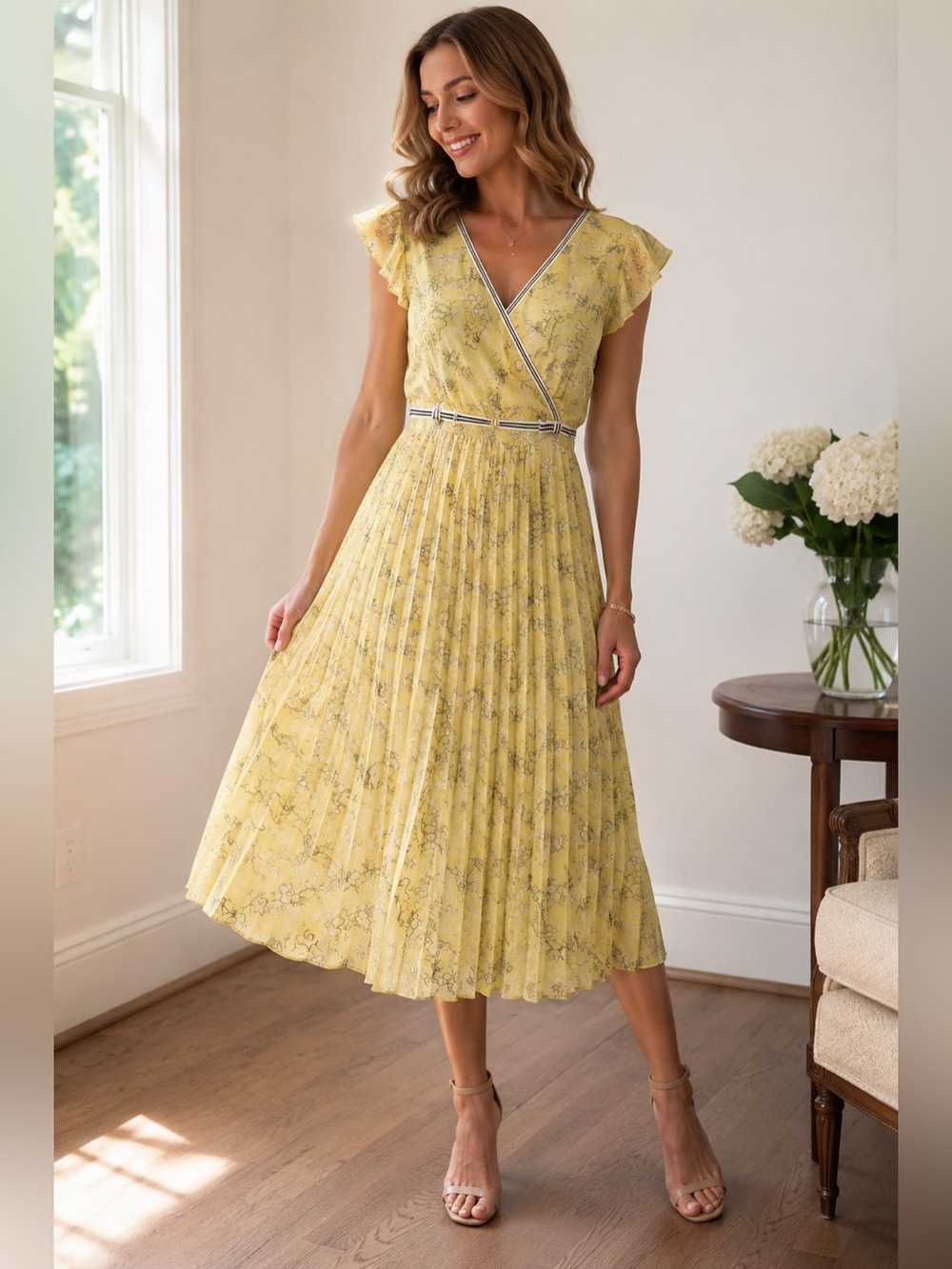 NWT London Times Yellow Floral Pleated Midi Dress Size 10